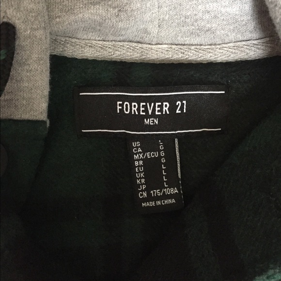 Forever 21 Men’s Hooded Green Plaid Shirt (unisex) - Picture 3 of 5